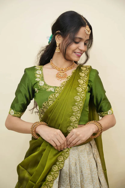 Beautiful South Indian Style Half Saree with Embroidery Blouse and Dupatta for Women | Charita KV