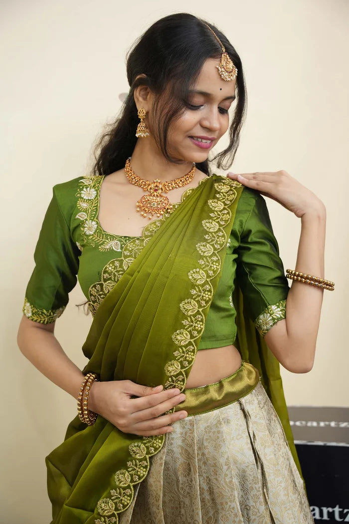 Beautiful South Indian Style Half Saree with Embroidery Blouse and Dupatta for Women | Charita KV