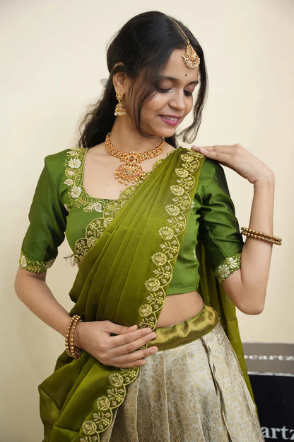 Beautiful South Indian Style Half Saree with Embroidery Blouse and Dupatta for Women | Charita KV