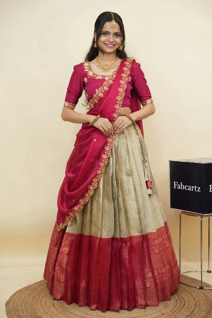 Beautiful South Indian Style Half Saree with Embroidery Blouse and Dupatta for Women | Charita KV