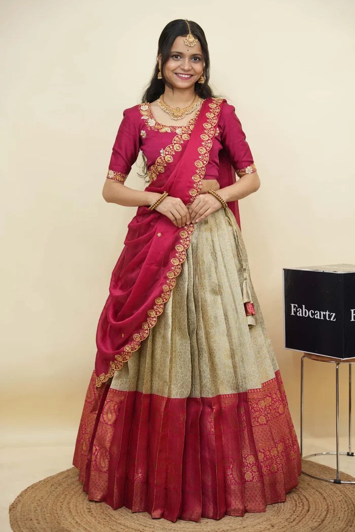 Beautiful South Indian Style Half Saree with Embroidery Blouse and Dupatta for Women | Charita KV