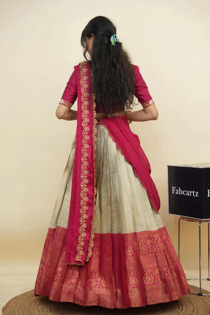 Beautiful South Indian Style Half Saree with Embroidery Blouse and Dupatta for Women | Charita KV