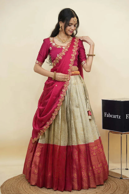 Beautiful South Indian Style Half Saree with Embroidery Blouse and Dupatta for Women | Charita KV