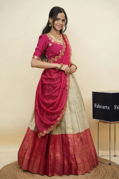 Beautiful South Indian Style Half Saree with Embroidery Blouse and Dupatta for Women | Charita KV