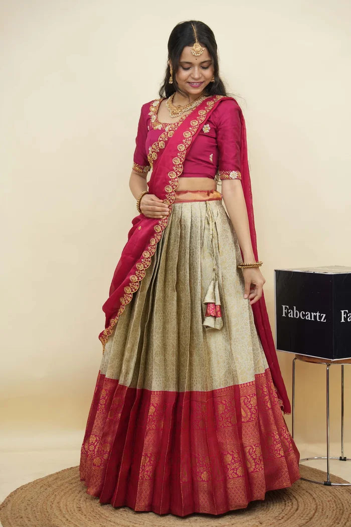 Beautiful South Indian Style Half Saree with Embroidery Blouse and Dupatta for Women | Charita KV