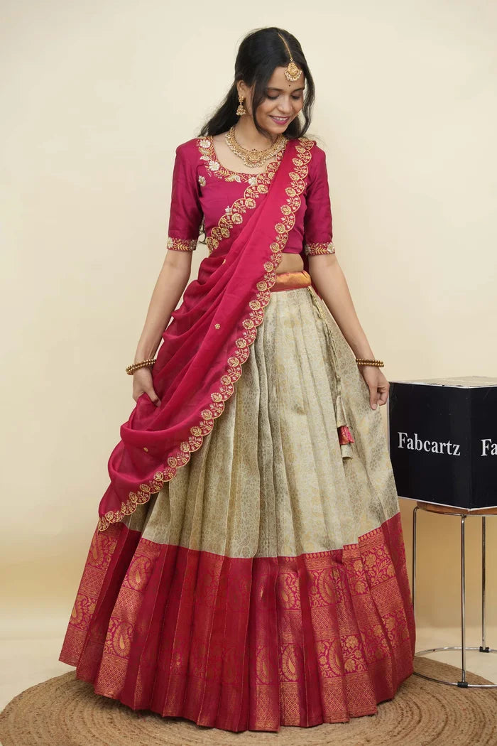 Beautiful South Indian Style Half Saree with Embroidery Blouse and Dupatta for Women | Charita KV