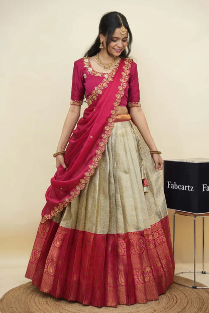 Beautiful South Indian Style Half Saree with Embroidery Blouse and Dupatta for Women | Charita KV