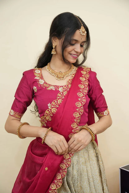 Beautiful South Indian Style Half Saree with Embroidery Blouse and Dupatta for Women | Charita KV