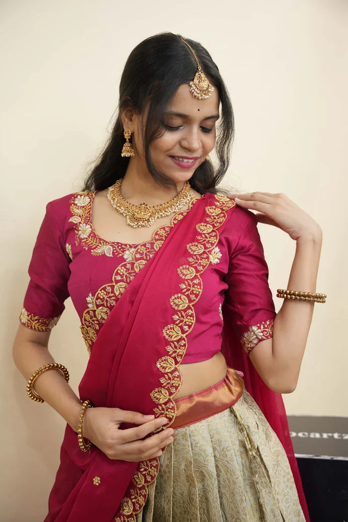 Beautiful South Indian Style Half Saree with Embroidery Blouse and Dupatta for Women | Charita KV