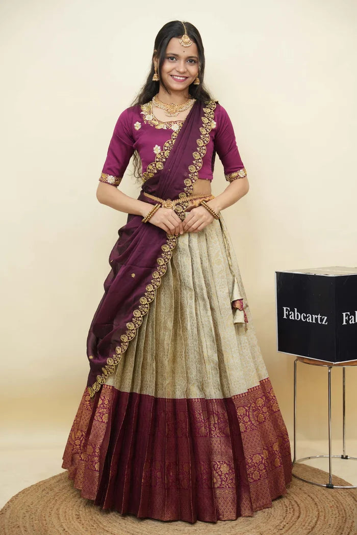 Beautiful South Indian Style Half Saree with Embroidery Blouse and Dupatta for Women | Charita KV