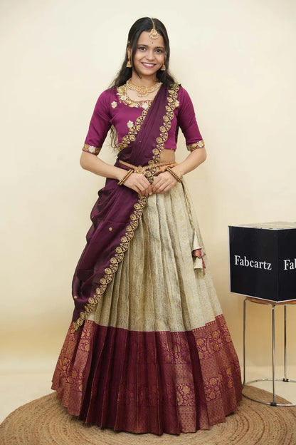 Beautiful South Indian Style Half Saree with Embroidery Blouse and Dupatta for Women | Charita KV