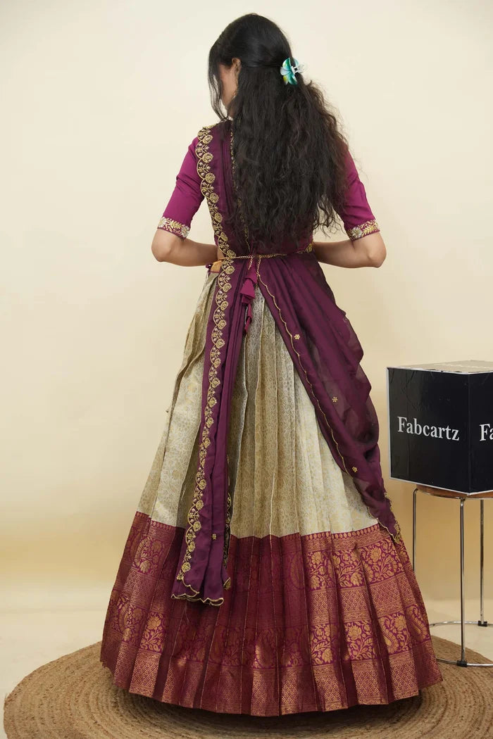 Beautiful South Indian Style Half Saree with Embroidery Blouse and Dupatta for Women | Charita KV