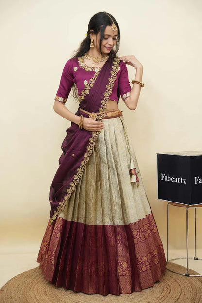 Beautiful South Indian Style Half Saree with Embroidery Blouse and Dupatta for Women | Charita KV