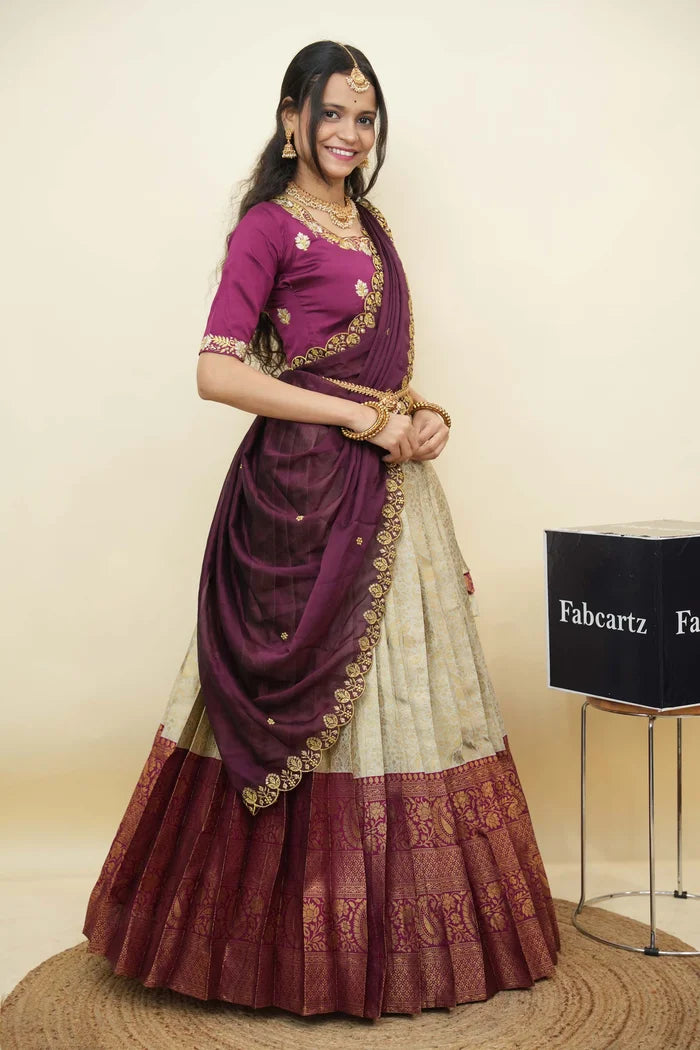 Beautiful South Indian Style Half Saree with Embroidery Blouse and Dupatta for Women | Charita KV