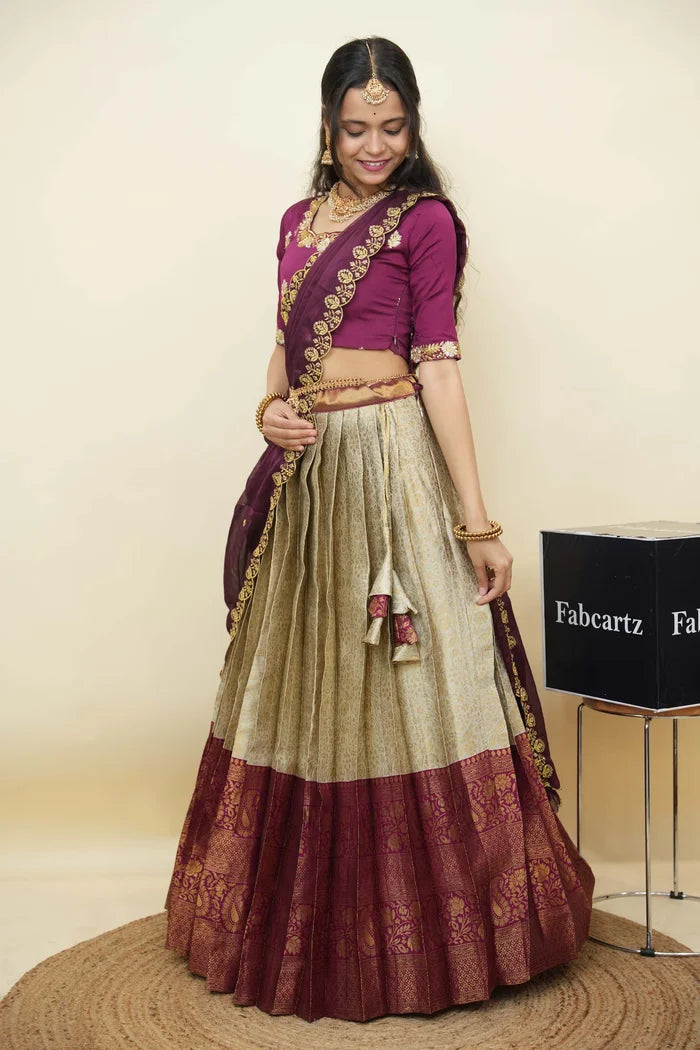 Beautiful South Indian Style Half Saree with Embroidery Blouse and Dupatta for Women | Charita KV