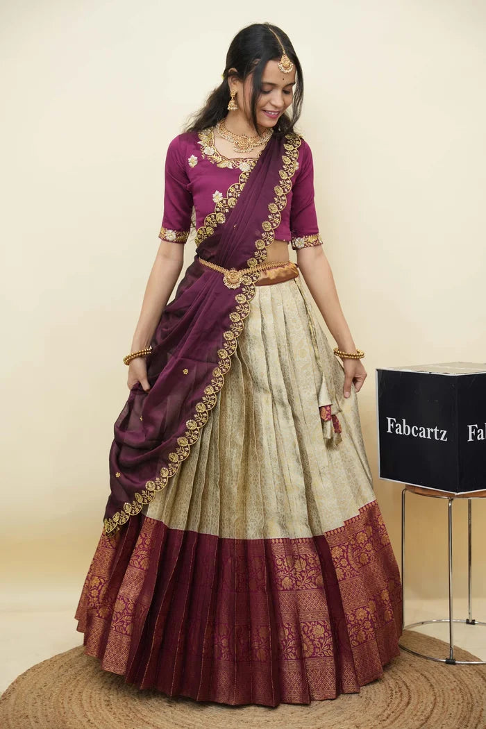 Beautiful South Indian Style Half Saree with Embroidery Blouse and Dupatta for Women | Charita KV