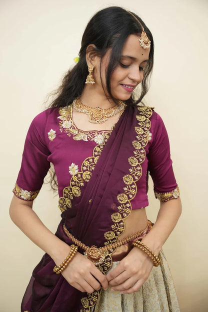 Beautiful South Indian Style Half Saree with Embroidery Blouse and Dupatta for Women | Charita KV