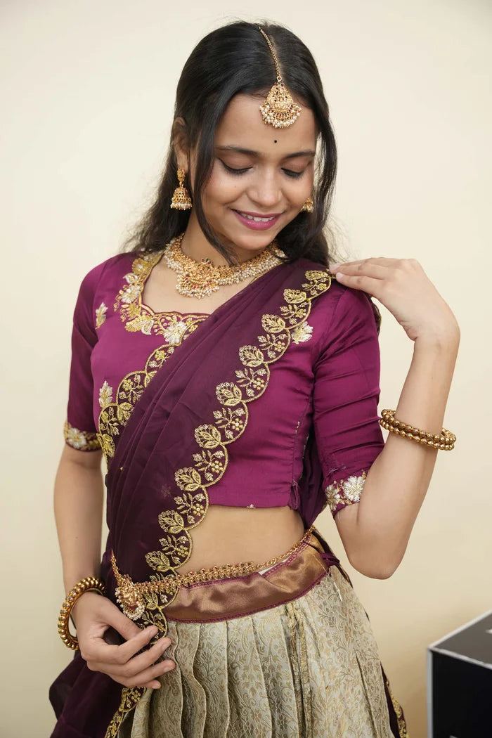 Beautiful South Indian Style Half Saree with Embroidery Blouse and Dupatta for Women | Charita KV