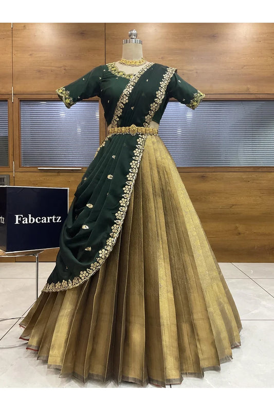 Beautiful South Indian Style Half Saree with Hand Work Blouse and Dupatta for Women | Mrunali