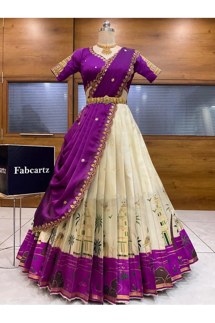 Beautiful South Indian Style Half Saree with Blouse and Dupatta for Women | Tripura