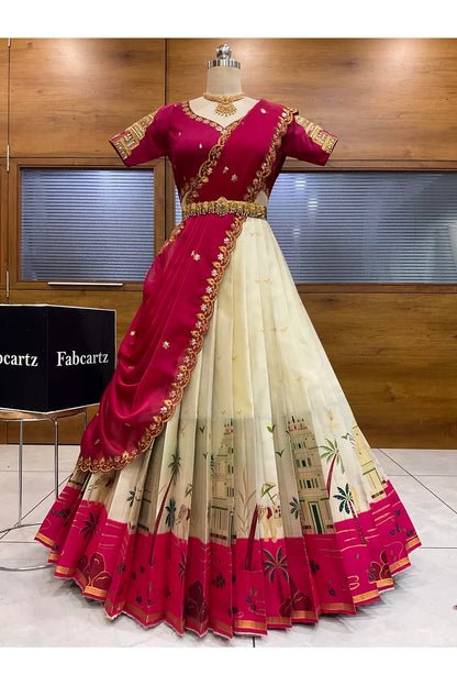 Beautiful South Indian Style Half Saree with Blouse and Dupatta for Women | Tripura