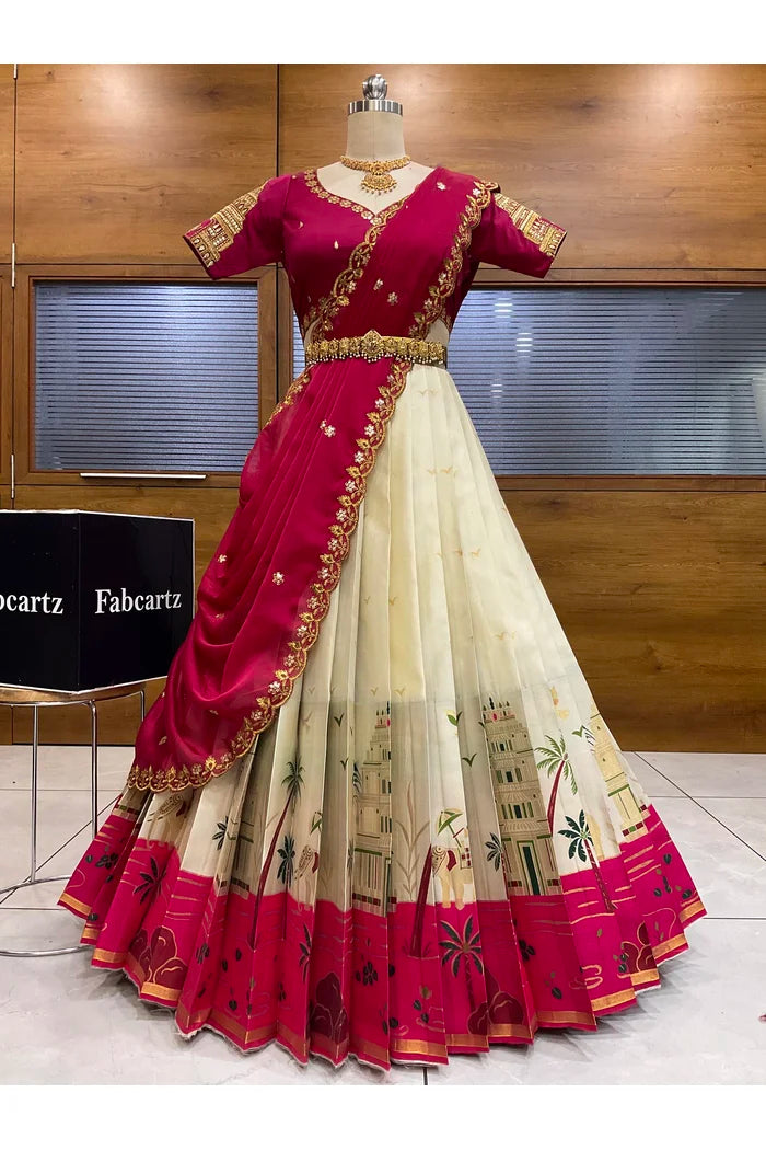 Beautiful South Indian Style Half Saree with Blouse and Dupatta for Women | Tripura