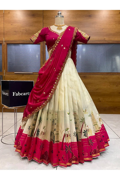 Beautiful South Indian Style Half Saree with Blouse and Dupatta for Women | Tripura