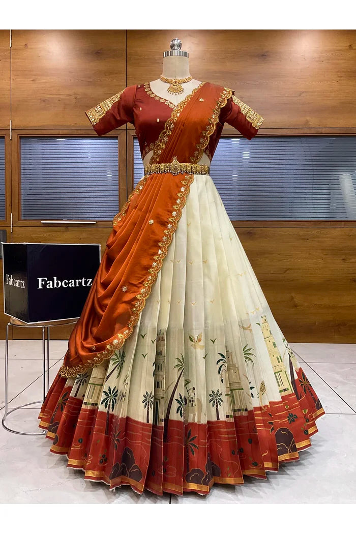 Beautiful South Indian Style Half Saree with Blouse and Dupatta for Women | Tripura