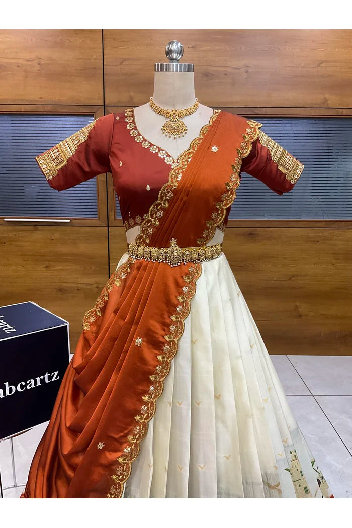 Beautiful South Indian Style Half Saree with Blouse and Dupatta for Women | Tripura