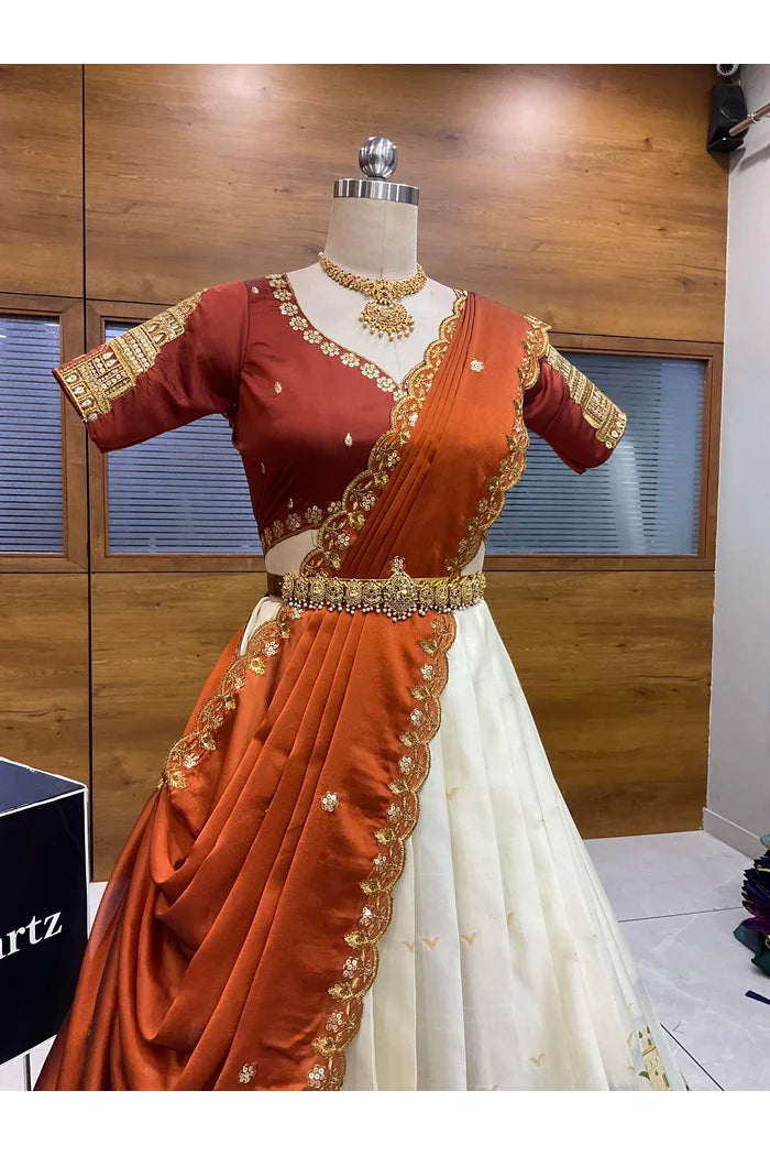 Beautiful South Indian Style Half Saree with Blouse and Dupatta for Women | Tripura