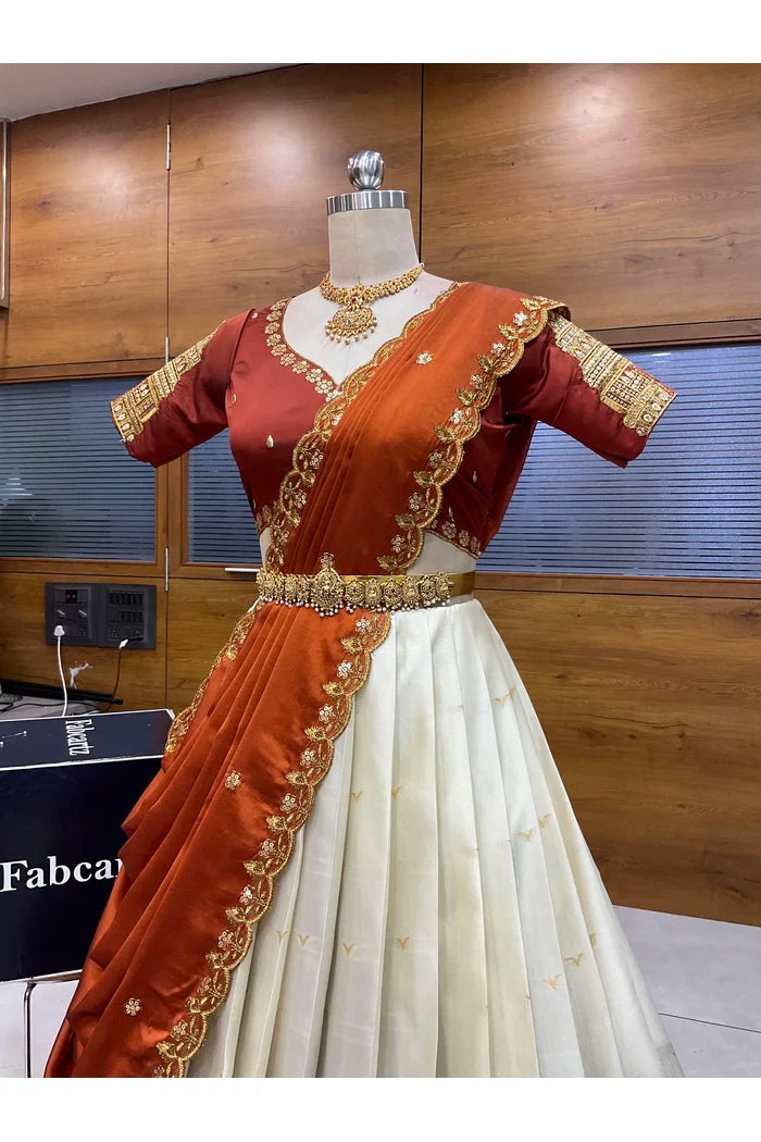 Beautiful South Indian Style Half Saree with Blouse and Dupatta for Women | Tripura