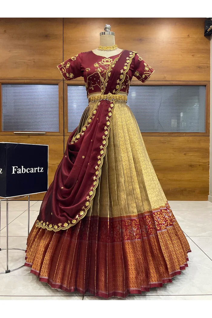 Beautiful South Indian Style Half Saree with Embroidery Blouse and Dupatta for Women | Gomati