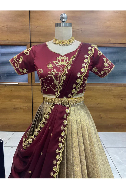 Beautiful South Indian Style Half Saree with Embroidery Blouse and Dupatta for Women | Gomati
