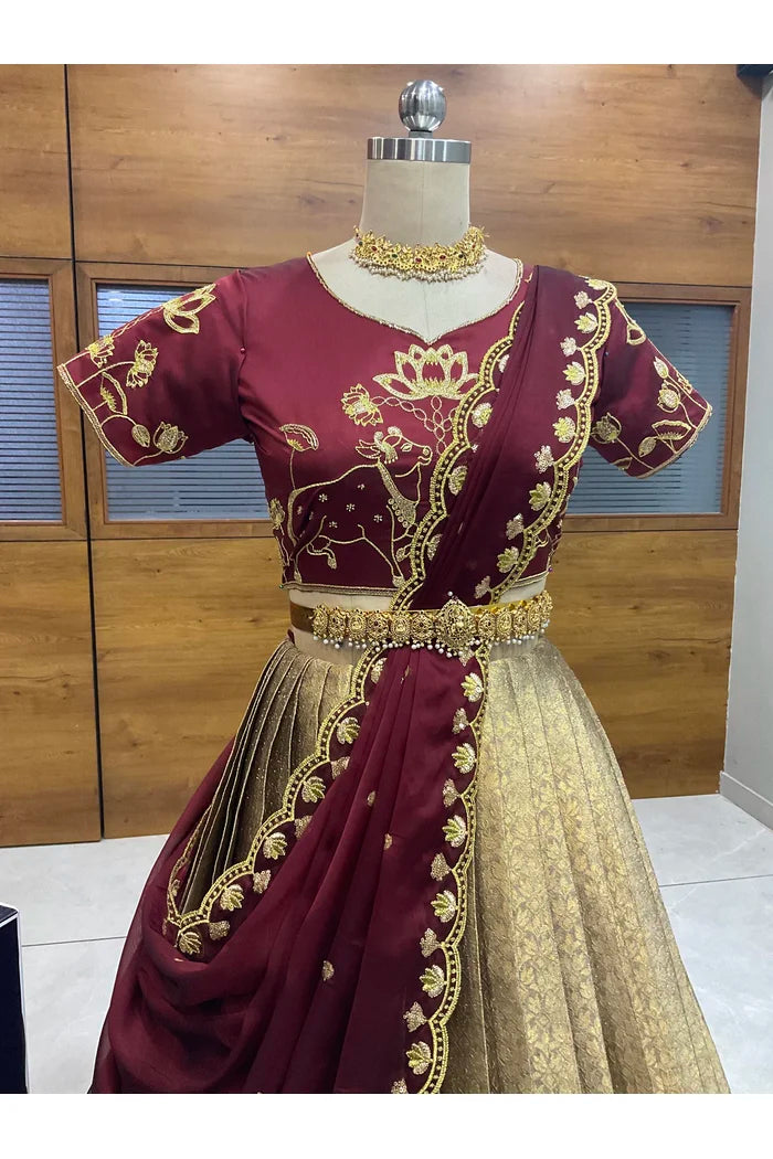 Beautiful South Indian Style Half Saree with Embroidery Blouse and Dupatta for Women | Gomati