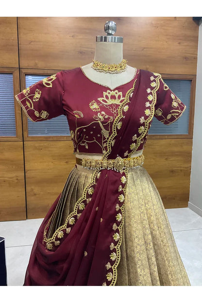 Beautiful South Indian Style Half Saree with Embroidery Blouse and Dupatta for Women | Gomati