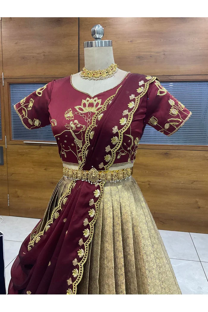Beautiful South Indian Style Half Saree with Embroidery Blouse and Dupatta for Women | Gomati
