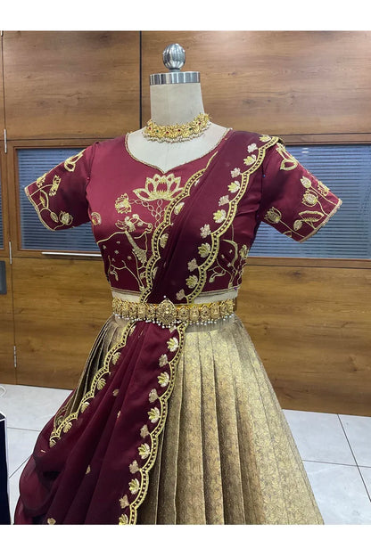 Beautiful South Indian Style Half Saree with Embroidery Blouse and Dupatta for Women | Gomati