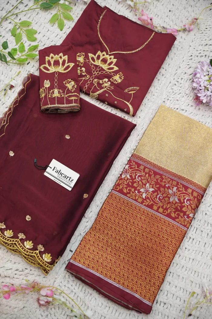 Beautiful South Indian Style Half Saree with Embroidery Blouse and Dupatta for Women | Gomati