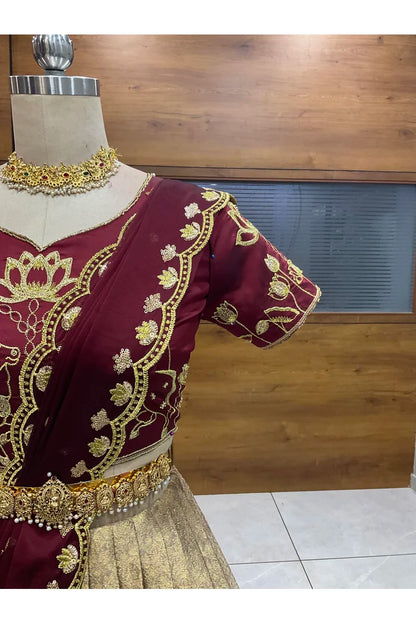 Beautiful South Indian Style Half Saree with Embroidery Blouse and Dupatta for Women | Gomati
