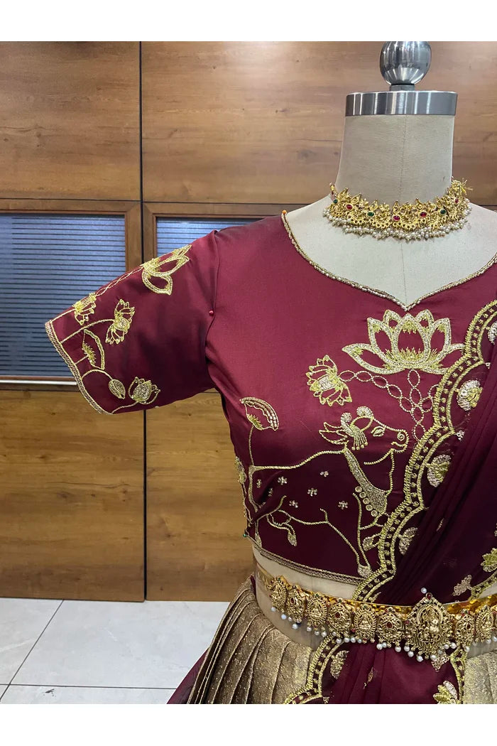 Beautiful South Indian Style Half Saree with Embroidery Blouse and Dupatta for Women | Gomati