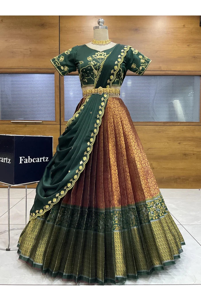 Beautiful South Indian Style Half Saree with Embroidery Blouse and Dupatta for Women | Gomati