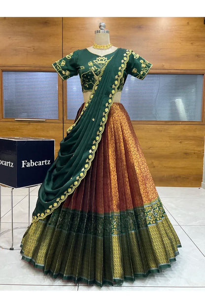 Beautiful South Indian Style Half Saree with Embroidery Blouse and Dupatta for Women | Gomati