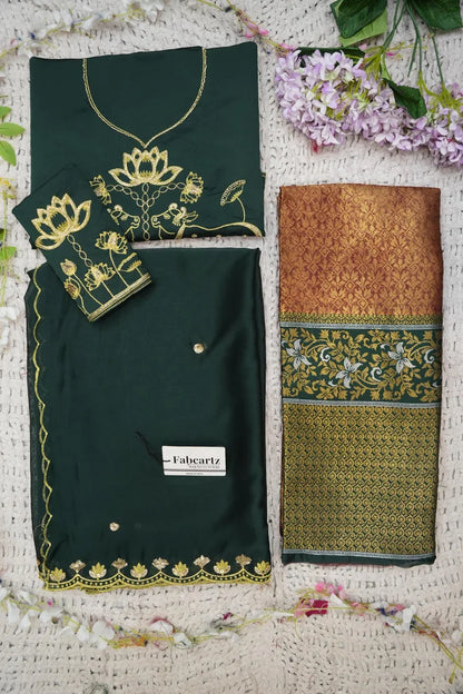 Beautiful South Indian Style Half Saree with Embroidery Blouse and Dupatta for Women | Gomati