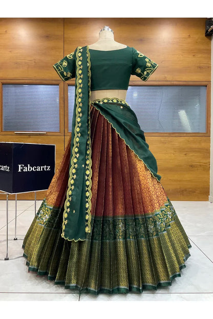 Beautiful South Indian Style Half Saree with Embroidery Blouse and Dupatta for Women | Gomati