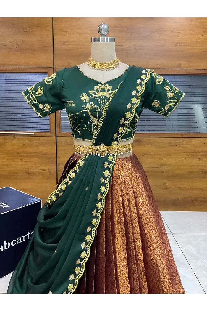 Beautiful South Indian Style Half Saree with Embroidery Blouse and Dupatta for Women | Gomati