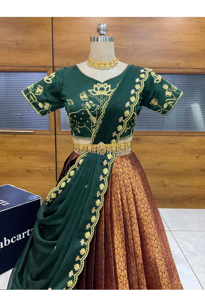 Beautiful South Indian Style Half Saree with Embroidery Blouse and Dupatta for Women | Gomati