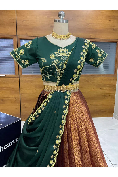 Beautiful South Indian Style Half Saree with Embroidery Blouse and Dupatta for Women | Gomati