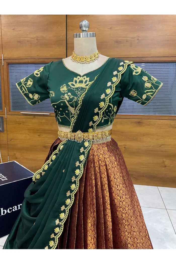 Beautiful South Indian Style Half Saree with Embroidery Blouse and Dupatta for Women | Gomati
