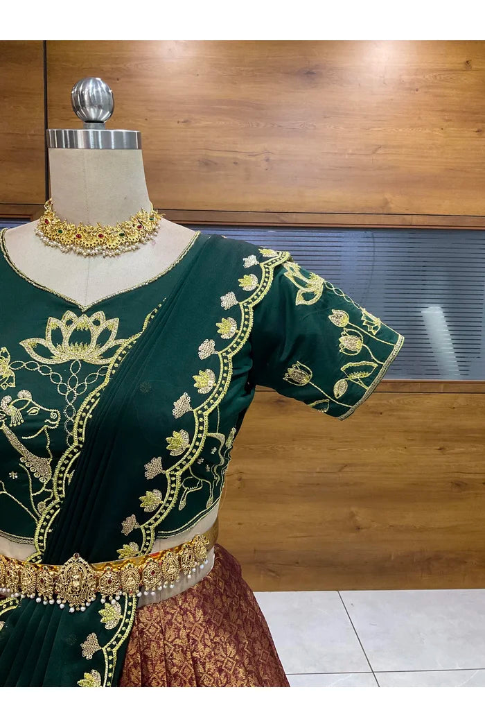 Beautiful South Indian Style Half Saree with Embroidery Blouse and Dupatta for Women | Gomati