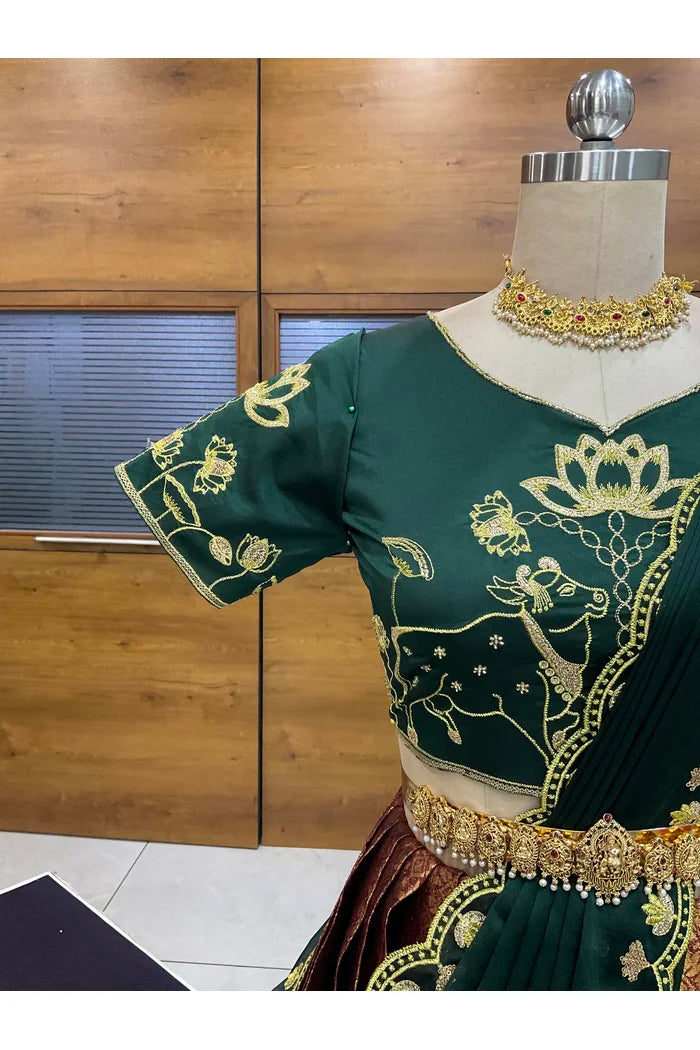 Beautiful South Indian Style Half Saree with Embroidery Blouse and Dupatta for Women | Gomati